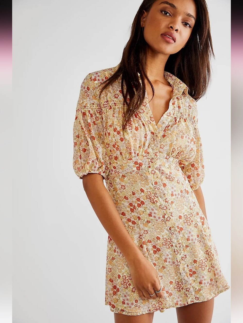 Floral Button-Front Midi Dress in Cream and Red